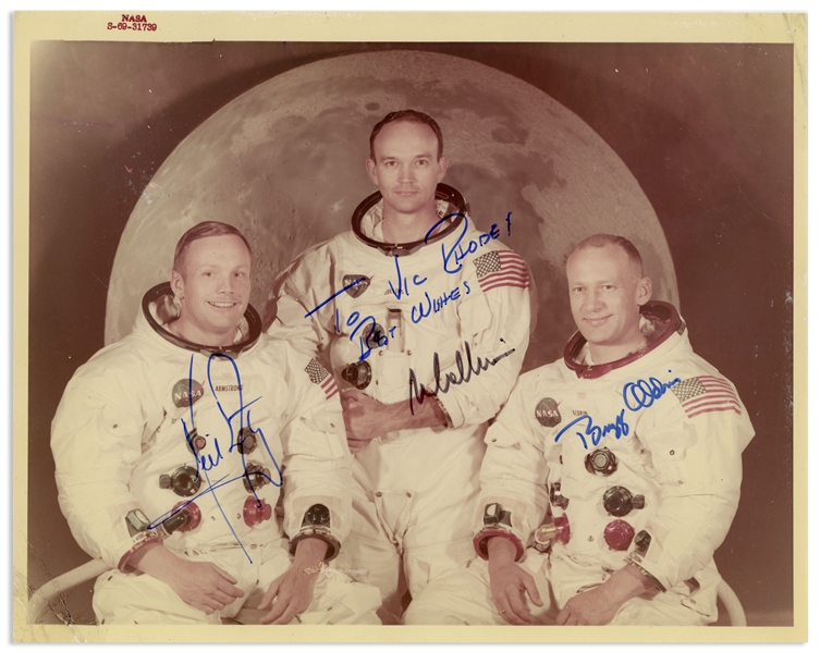 Apollo 11 Crew-Signed 10'' x 8'' Photo -- Original Red Number NASA Photo With ''A Kodak Paper'' Watermark
